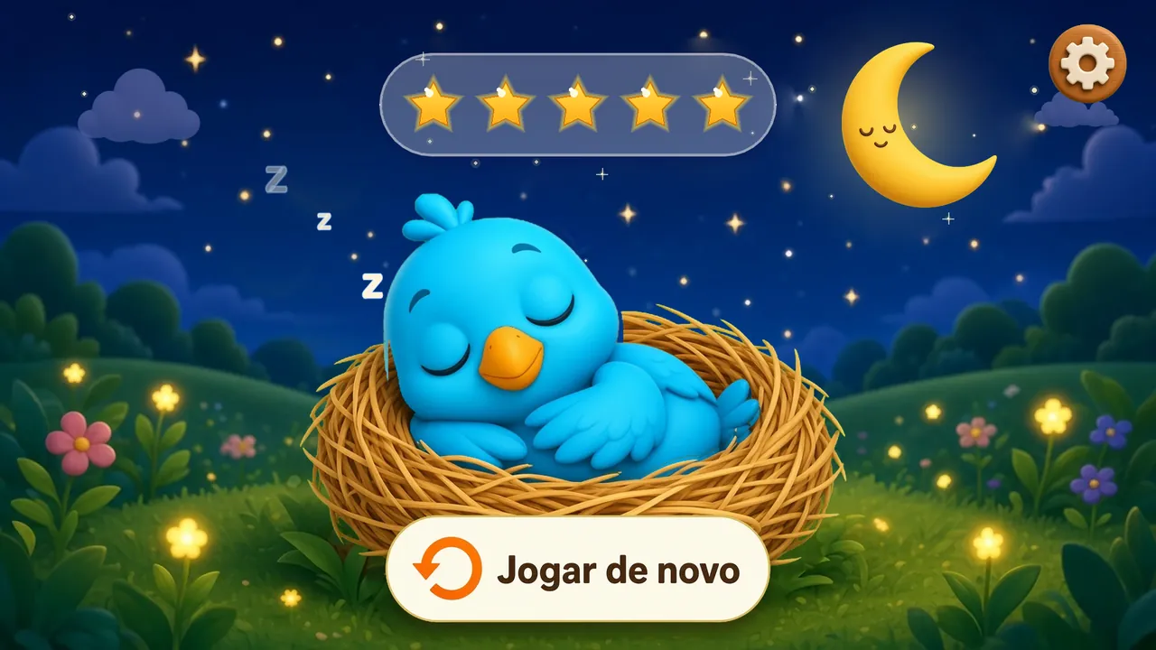 Tela final: a Ararinha dormindo no ninho, lua e cinco estrelas