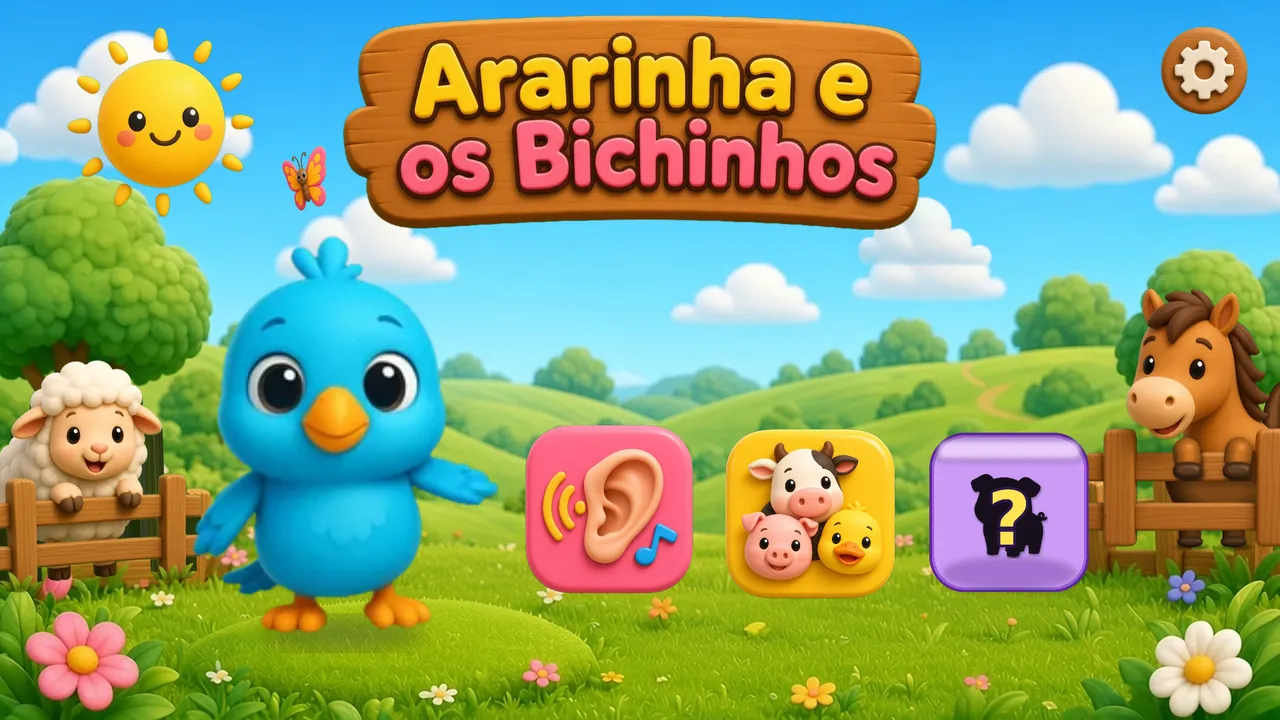 Tela inicial com a Ararinha e os três botões